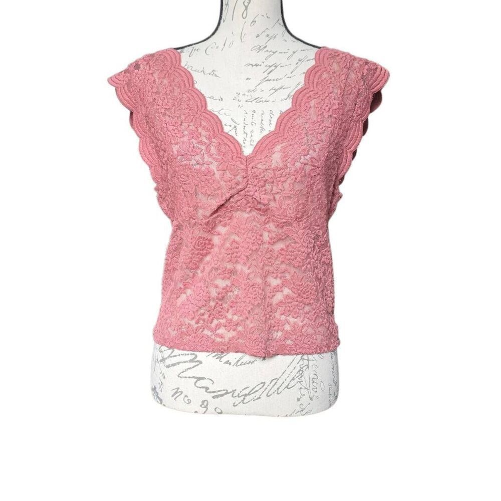 Bar III Women's Size XL Withered Rose Lace Sheer V-Neck Sheer Sleeveless Top
